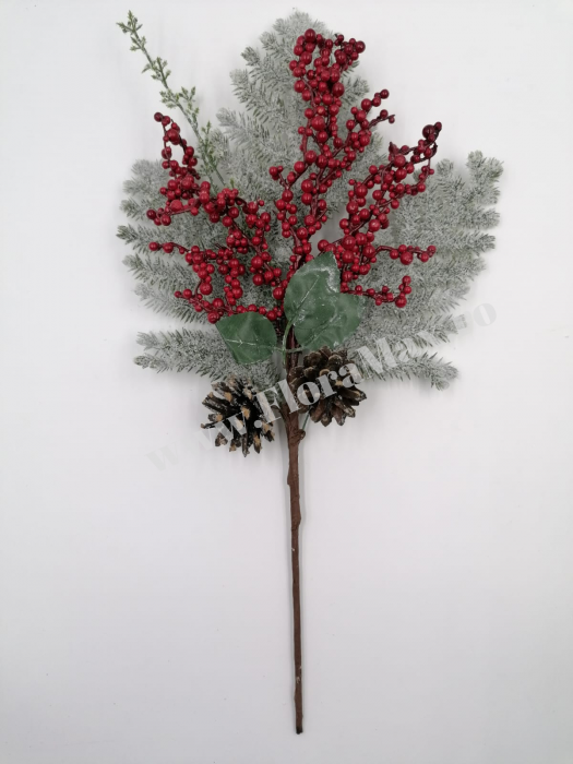 Creanga Craciun  din brad nins pentru decoratiuni aranjamente cu bilute rosii, ilex si conuri brad 48 cm [2]