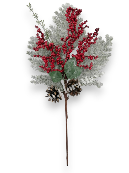 Creanga Craciun  din brad nins pentru decoratiuni aranjamente cu bilute rosii, ilex si conuri brad 48 cm [2]