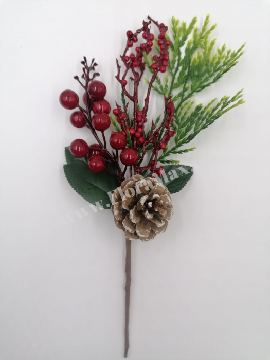 Crenguta Craciun pentru decoratiuni aranjamente cu bilute rosii, ilex si con brad 29 cm [2]