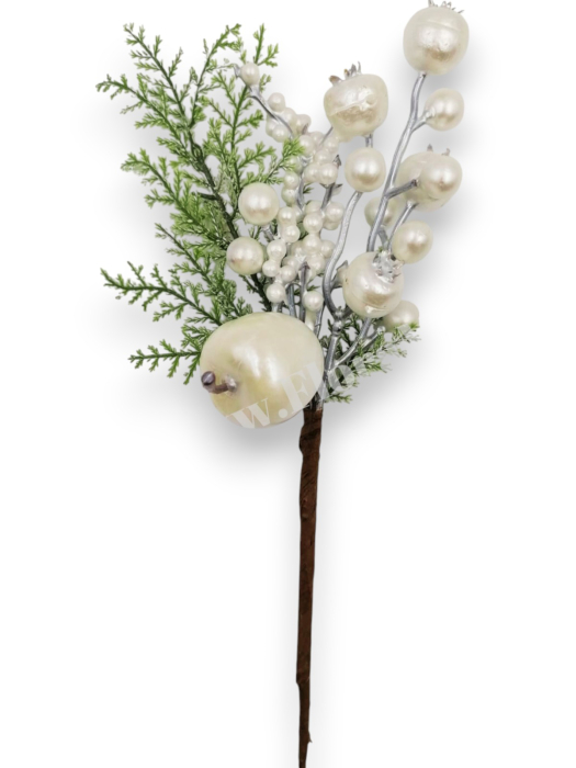 creanga decorativa craciun 28 cm cu bile albe macese mar alb brad si ilex [2]