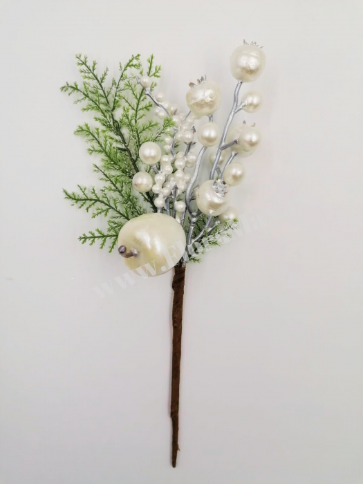 Creanga cu  bile albe, macese albe mar alb si brad, ilex alb pentru aranjamente Craciun 28 cm [2]