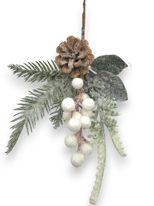 creanga decorativa craciun 30 cm cu bile albe macese mar alb brad si ilex [3]