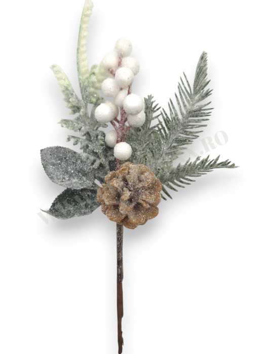 creanga decorativa craciun 30 cm cu bile albe macese mar alb brad si ilex [2]