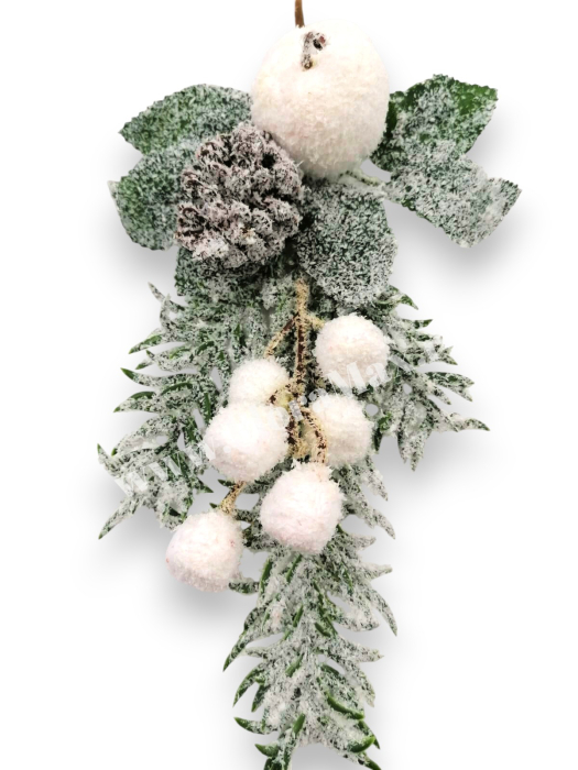 Creanga decorativa Craciun 36 cm cu bile albe, mar alb, brad nins si con de brad [3]