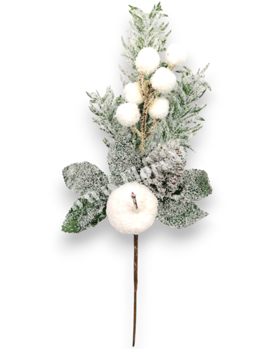 Creanga decorativa Craciun 36 cm cu bile albe, mar alb, brad nins si con de brad [2]