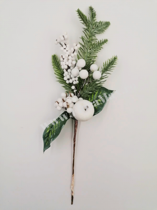 Creanga cu  bile albe, mar alb si brad nins, ilex alb pentru aranjamente Craciun 40 cm [2]