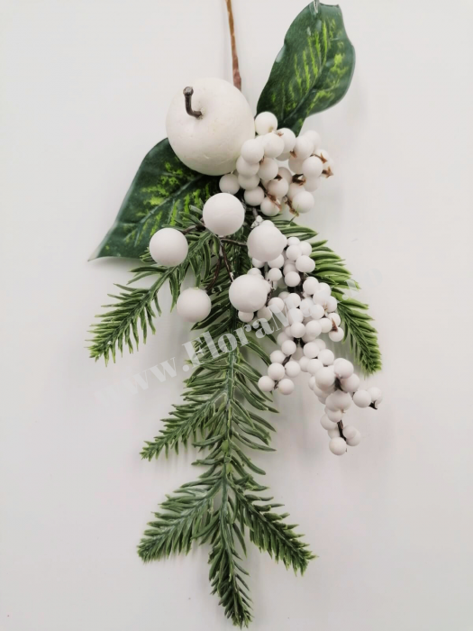 Creanga cu  bile albe, mar alb si brad nins, ilex alb pentru aranjamente Craciun 40 cm [3]