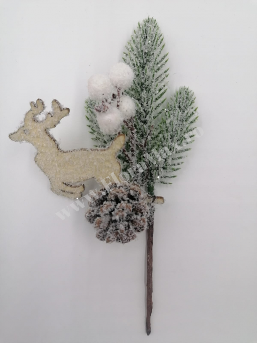 Crenguta brad artificial ninsa pentru aranjamente Craciun cu bilute albe Cerb alb con brad si sclipici 24 cm [2]