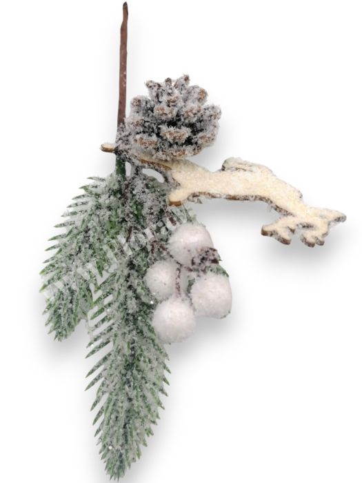 Crenguta brad artificial ninsa pentru aranjamente Craciun cu bilute albe Cerb alb con brad si sclipici 24 cm [3]