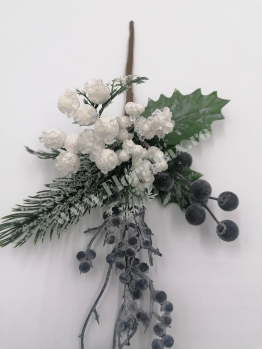 Crenguta brad artificial ninsa pentru aranjamente Craciun cu bilute albe ilex mov si sclipici 29 cm [3]