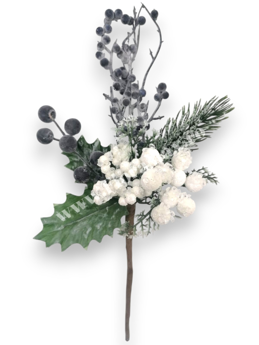 Crenguta brad artificial ninsa pentru aranjamente Craciun cu bilute albe ilex mov si sclipici 29 cm [2]