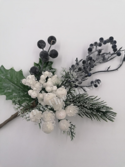 Crenguta brad artificial ninsa pentru aranjamente Craciun cu bilute albe ilex mov si sclipici 29 cm [1]
