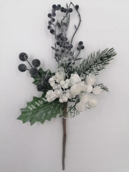Crenguta brad artificial ninsa pentru aranjamente Craciun cu bilute albe ilex mov si sclipici 29 cm [2]