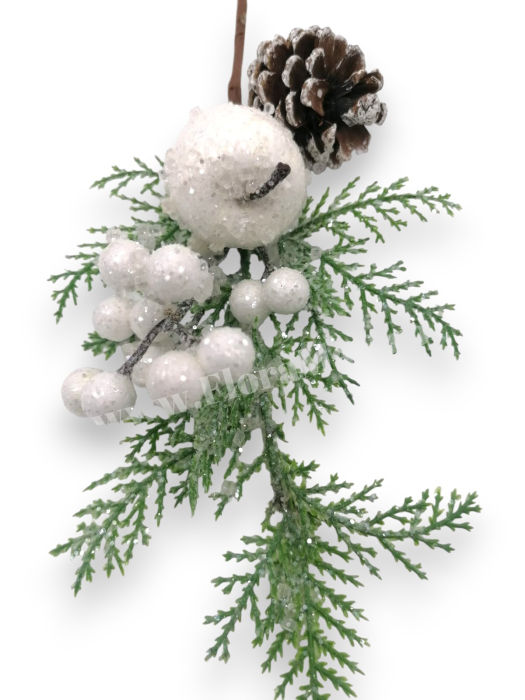 Crenguta brad artificial ninsa pentru aranjamente Craciun cu bilute albe mar alb con brad si sclipici 28 cm [3]