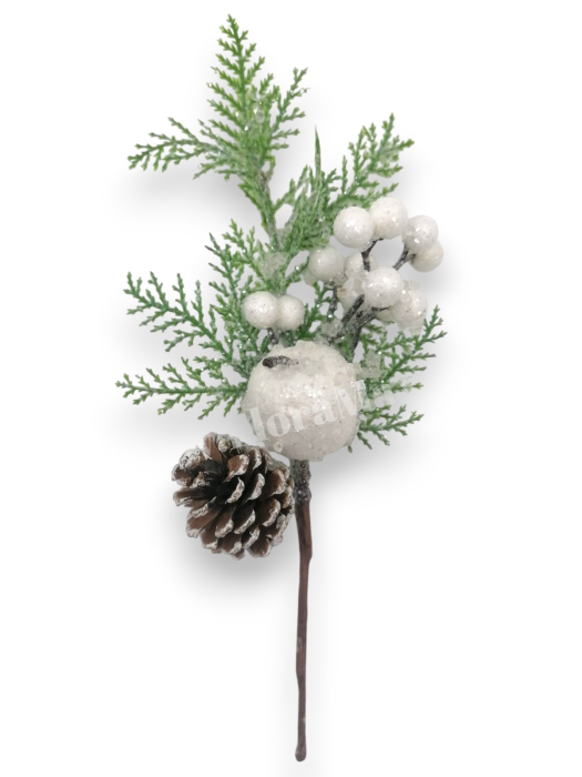 Crenguta brad artificial ninsa pentru aranjamente Craciun cu bilute albe mar alb con brad si sclipici 28 cm [2]