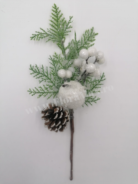 Crenguta brad artificial ninsa pentru aranjamente Craciun cu bilute albe mar alb con brad si sclipici 28 cm [2]