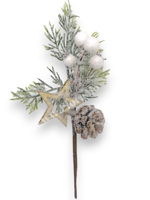 Crenguta brad artificial ninsa pentru aranjamente Craciun cu bilute albe stea alb con brad si sclipici 26 cm [2]