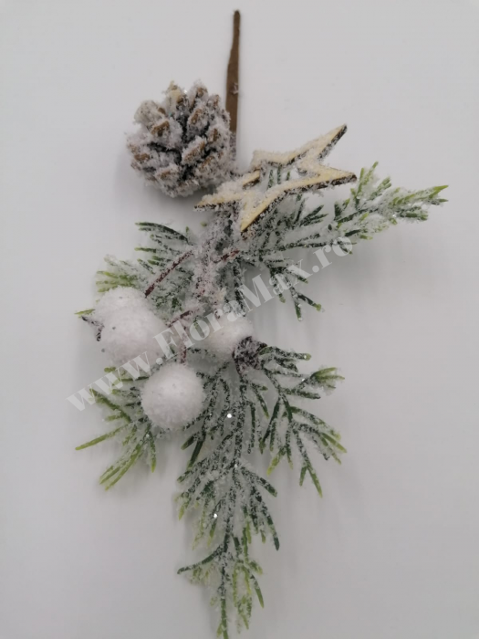 Crenguta brad artificial ninsa pentru aranjamente Craciun cu bilute albe stea alb con brad si sclipici 26 cm [3]