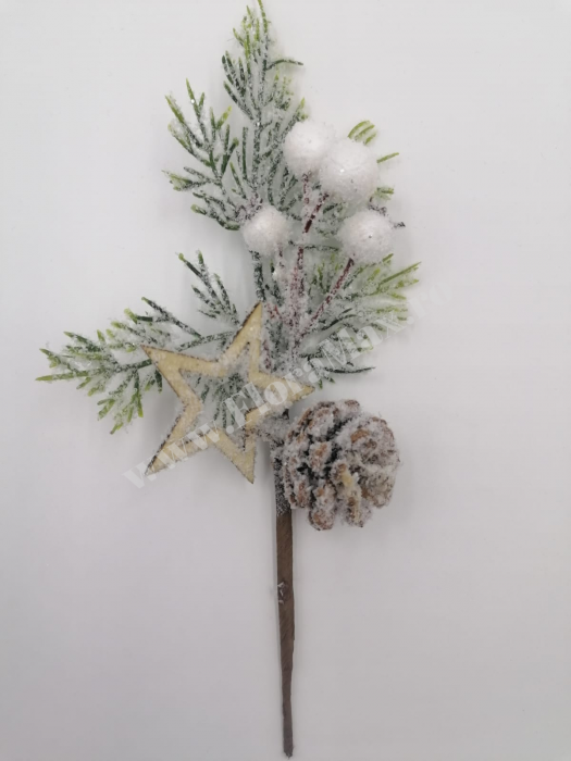 Crenguta brad artificial ninsa pentru aranjamente Craciun cu bilute albe stea alb con brad si sclipici 26 cm [2]