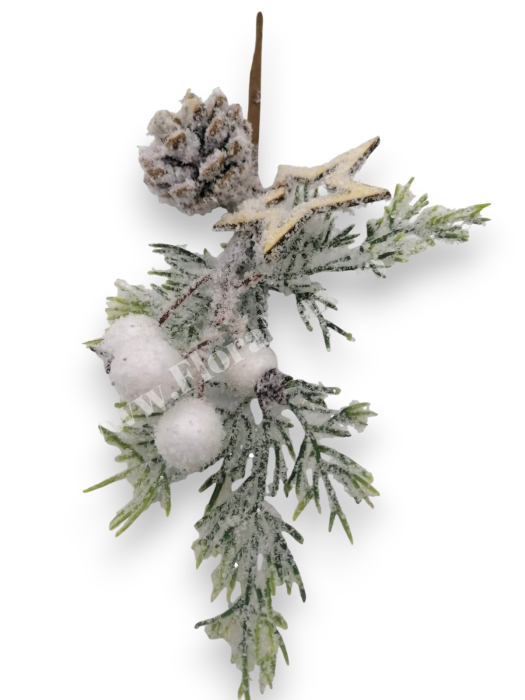 Crenguta brad artificial ninsa pentru aranjamente Craciun cu bilute albe stea alb con brad si sclipici 26 cm [3]