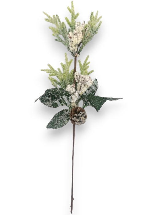 Crenguta brad artificial ninsa pentru aranjamente Craciun cu bilute albe stea alb con brad si sclipici 48 cm [2]
