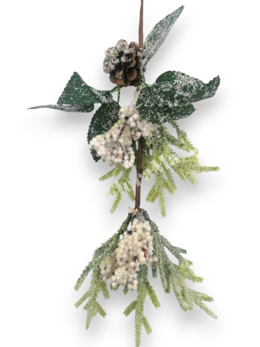 Crenguta brad artificial ninsa pentru aranjamente Craciun cu bilute albe stea alb con brad si sclipici 48 cm [3]