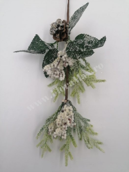 Crenguta brad artificial ninsa pentru aranjamente Craciun cu bilute albe stea alb con brad si sclipici 48 cm [3]