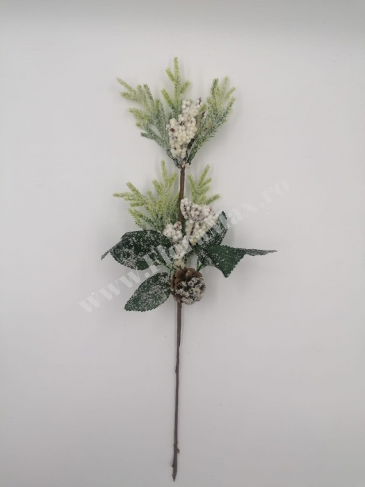 Crenguta brad artificial ninsa pentru aranjamente Craciun cu bilute albe stea alb con brad si sclipici 48 cm [2]