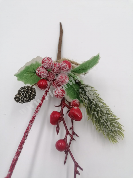 Crenguta brad artificial ninsa pentru aranjamente Craciun cu bilute rosii con brad si sclipici 26 cm [3]