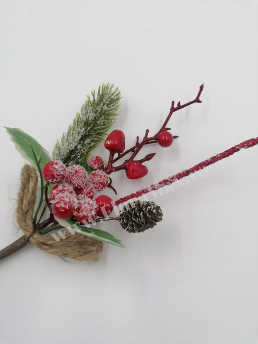 Crenguta brad artificial ninsa pentru aranjamente Craciun cu bilute rosii con brad si sclipici 26 cm [1]