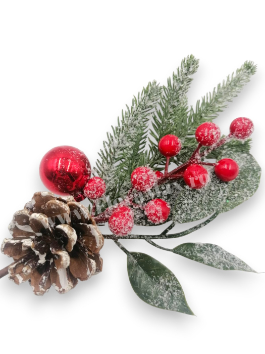 Crenguta brad artificial ninsa pentru aranjamente Craciun cu bilute rosii glob rosu con brad si sclipici 27 cm [1]