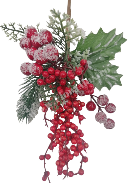 Crenguta brad artificial ninsa pentru aranjamente Craciun cu bilute rosii ilex  si sclipici 29 cm [3]