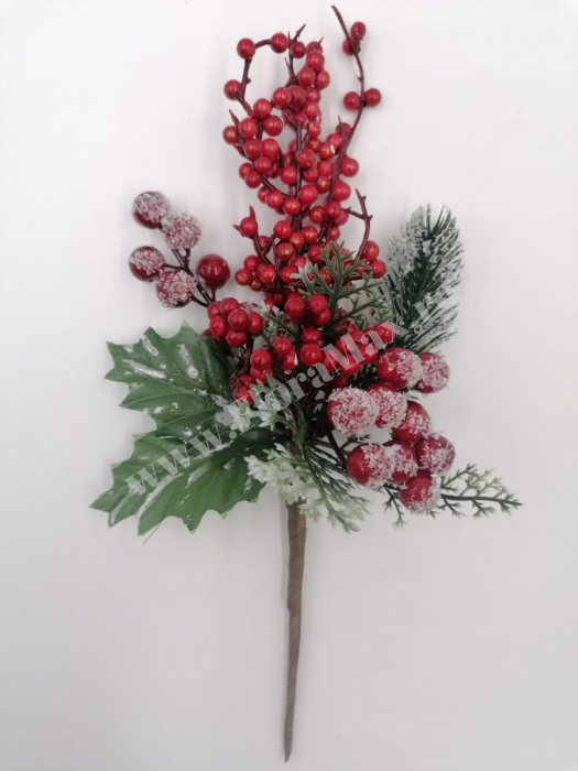 Crenguta brad artificial ninsa pentru aranjamente Craciun cu bilute rosii ilex  si sclipici 29 cm [2]