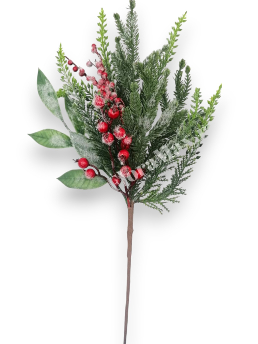 Crenguta brad artificial ninsa pentru aranjamente Craciun cu bilute rosii ilex  si sclipici 45 cm [2]
