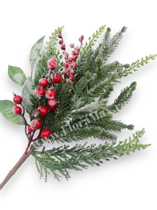 Crenguta brad artificial ninsa pentru aranjamente Craciun cu bilute rosii ilex  si sclipici 45 cm [1]