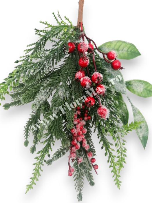 Crenguta brad artificial ninsa pentru aranjamente Craciun cu bilute rosii ilex  si sclipici 45 cm [3]