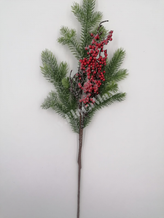 Crenguta brad artificial ninsa pentru aranjamente Craciun cu bilute rosii ilex  si sclipici 50 cm [2]