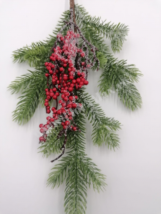 Crenguta brad artificial ninsa pentru aranjamente Craciun cu bilute rosii ilex  si sclipici 50 cm [3]