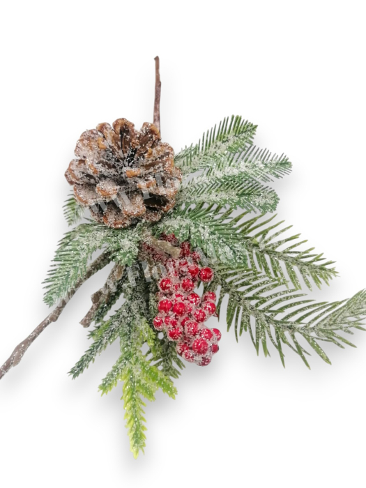 Crenguta brad artificial ninsa pentru aranjamente Craciun cu ilex con brad si sclipici 28 cm [3]