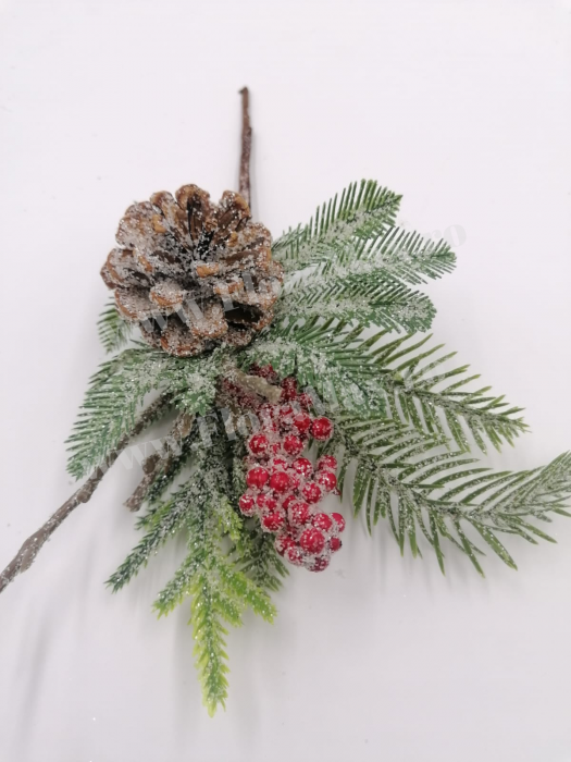 Crenguta brad artificial ninsa pentru aranjamente Craciun cu ilex con brad si sclipici 28 cm [3]
