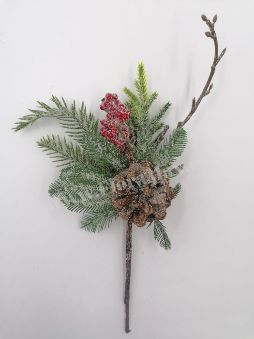Crenguta brad artificial ninsa pentru aranjamente Craciun cu ilex con brad si sclipici 28 cm [2]