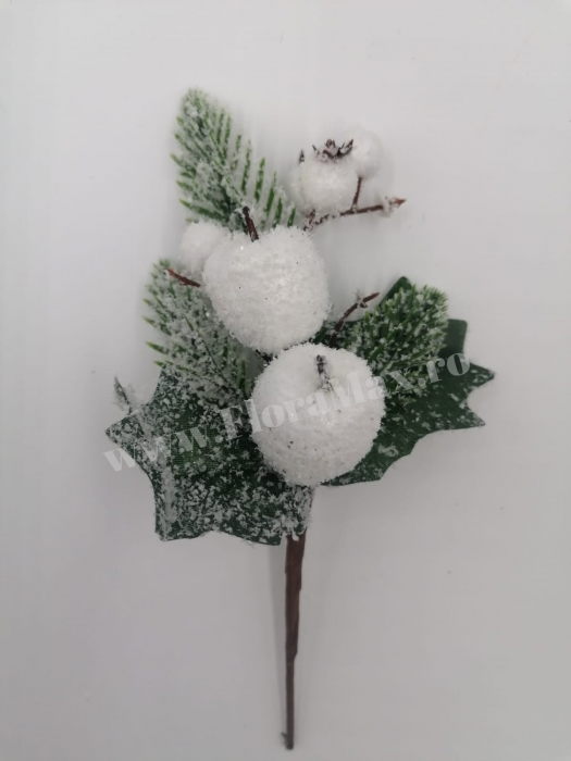 Crenguta brad artificial ninsa pentru aranjamente Craciun cu mere albe si sclipici 23 cm [2]