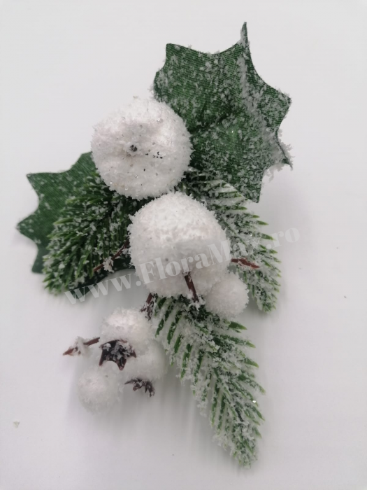Crenguta brad artificial ninsa pentru aranjamente Craciun cu mere albe si sclipici 23 cm [3]