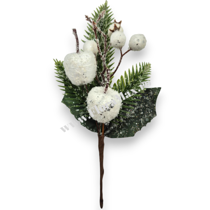 Crenguta brad artificial ninsa pentru aranjamente Craciun cu mere albe si sclipici 23 cm [2]