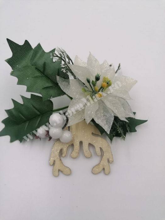 Crenguta brad artificial pentru aranjamente Craciun cu bilute albe coarne si craciunita alba 17 cm [3]