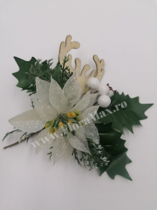 Crenguta brad artificial pentru aranjamente Craciun cu bilute albe coarne si craciunita alba 17 cm [1]