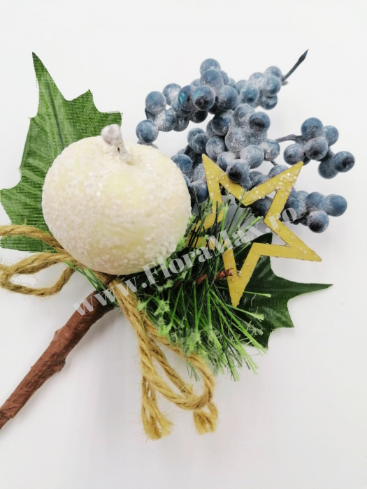 Crenguta brad artificial pentru aranjamente Craciun cu bilute albe ilex mov, mar alb si stea lemn 22 cm [1]