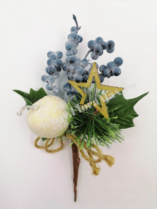 Crenguta brad artificial pentru aranjamente Craciun cu bilute albe ilex mov, mar alb si stea lemn 22 cm [2]