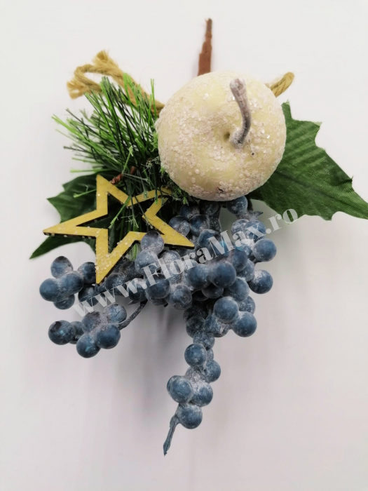 Crenguta brad artificial pentru aranjamente Craciun cu bilute albe ilex mov, mar alb si stea lemn 22 cm [3]