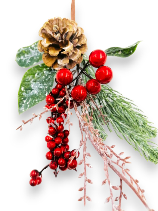 Crenguta brad artificial 30 cm cu bilute rosii, ilex si con brad pentru aranjamente Craciun [3]